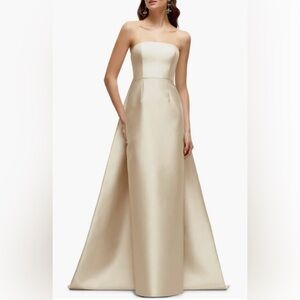Alfred Sung Strapless Satin Twill Column Gown with Removable Train Champagne